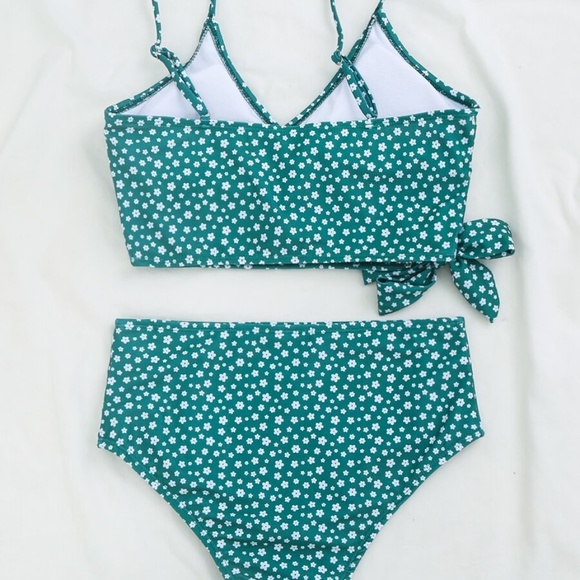 Boho Neon Pink Floral Print Tie V neck Bikini swim - Picture 3 of 6